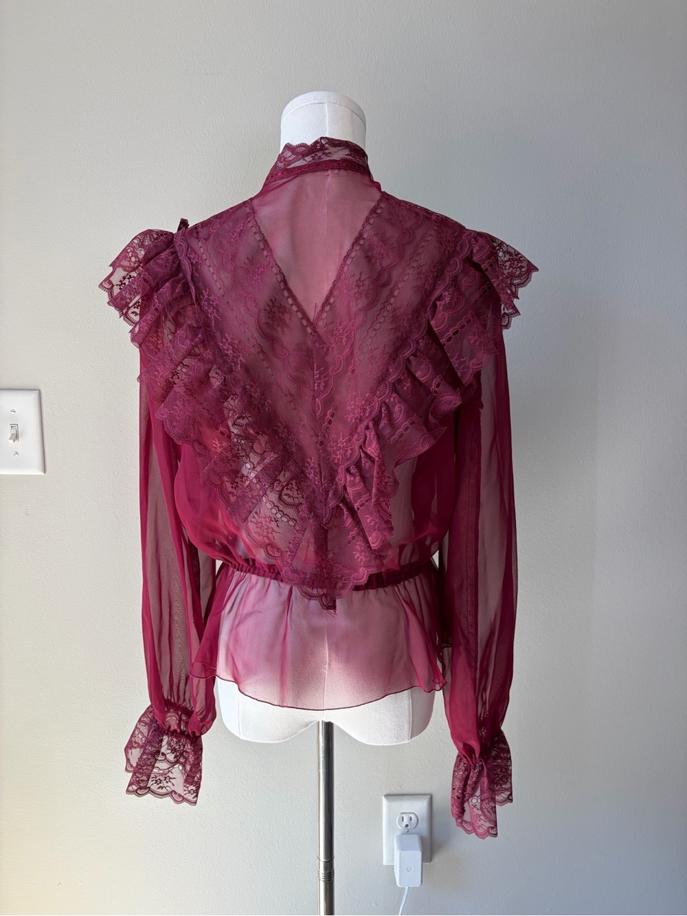 Vintage Maroon Sheer Victorian Ornamental Lace Ruffle Blouse *See Measurements* - Picture 2 of 10